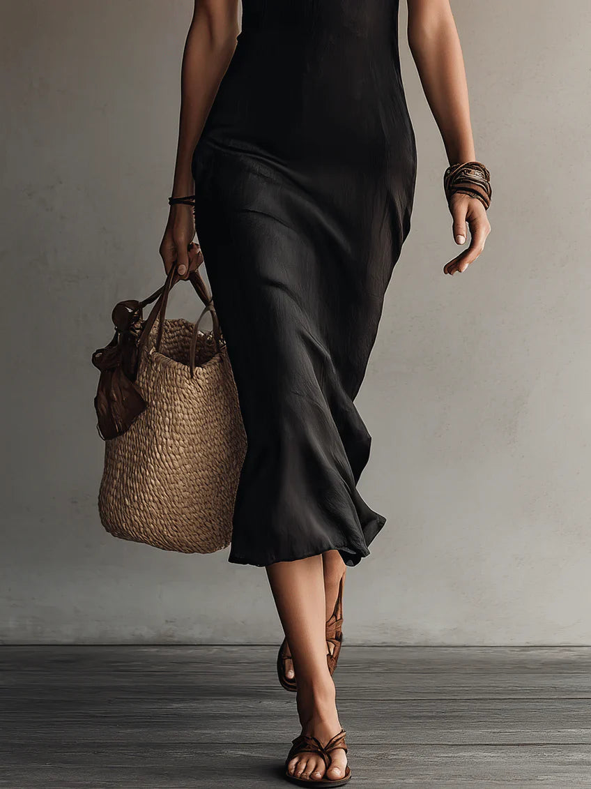 Adriana™ | Vestido Midi Negro con Encaje y Escote en V