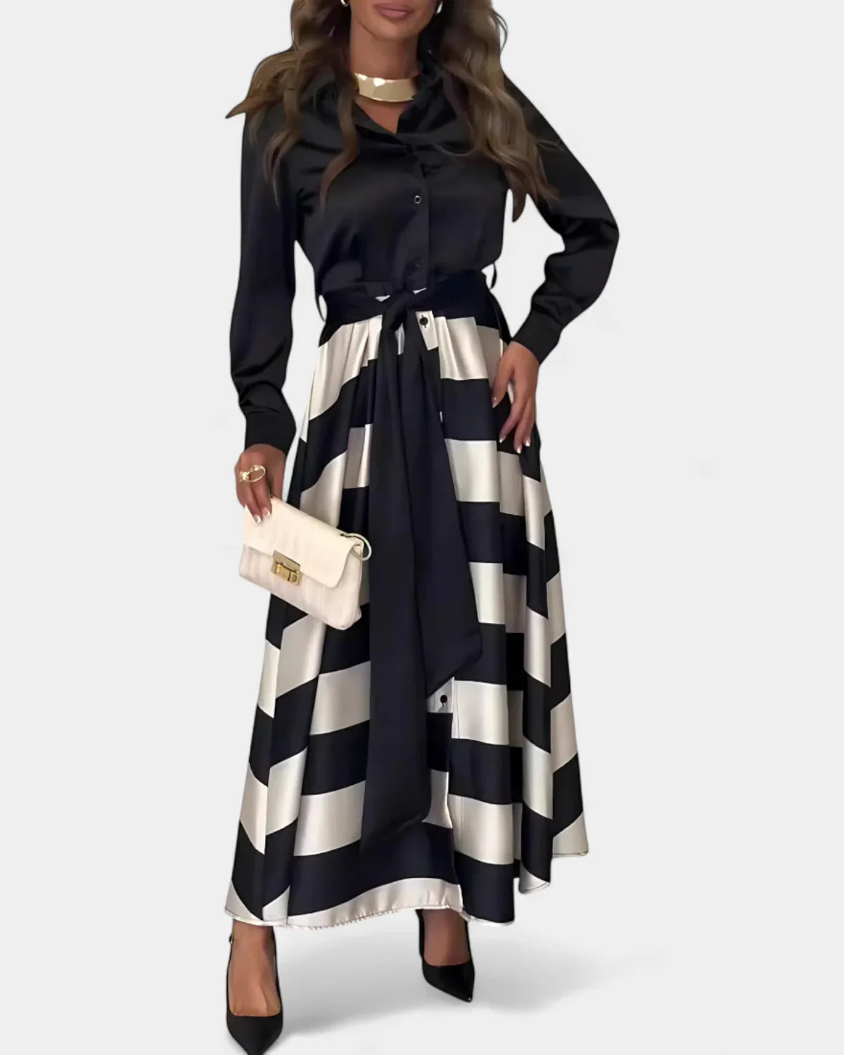 Nessia™ | Vestido camisero a rayas con cinturón