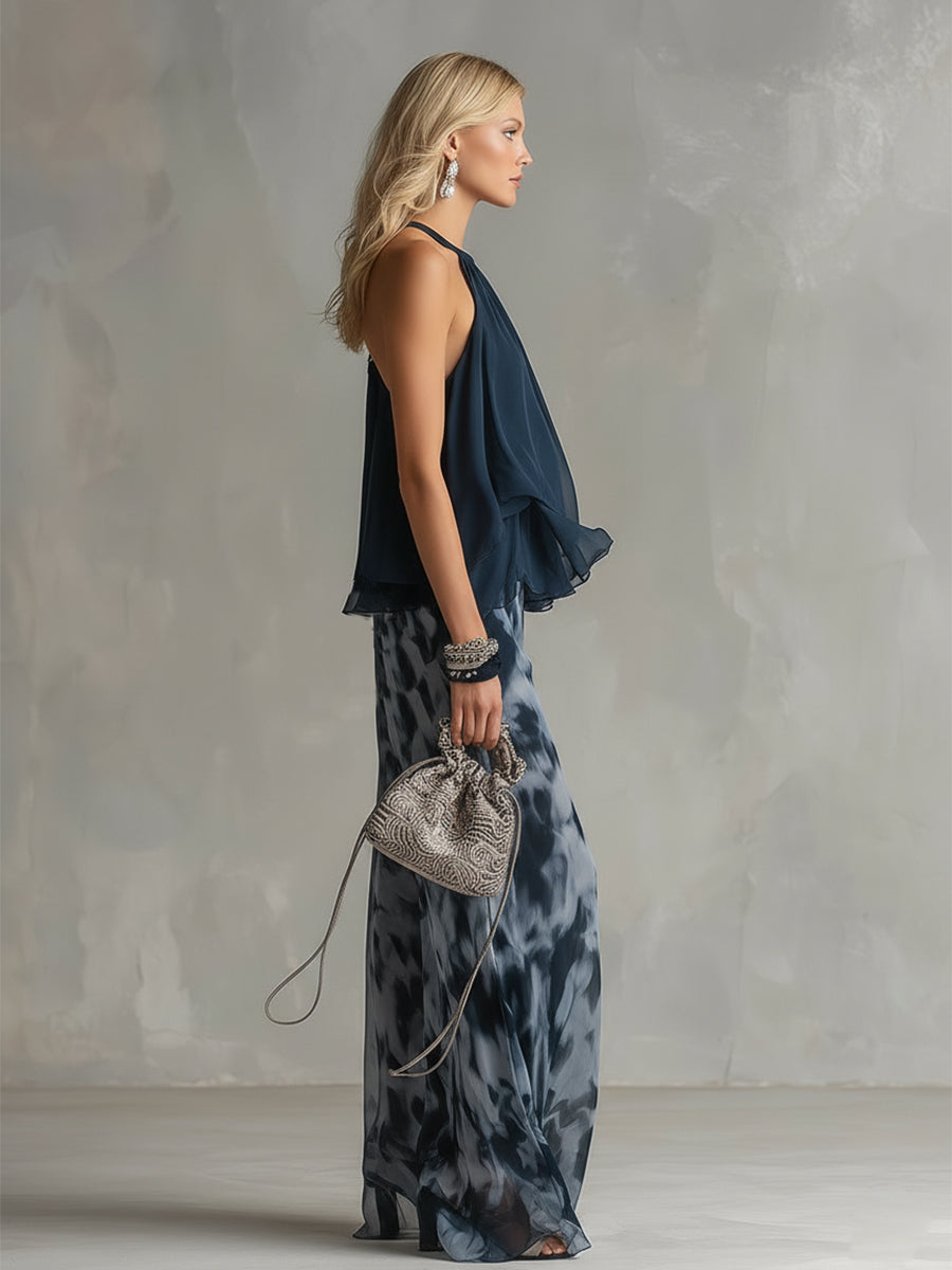 Candela - Elegante en Chiffon con Top de Cuello Alto y Pantalones Anchos Estampados