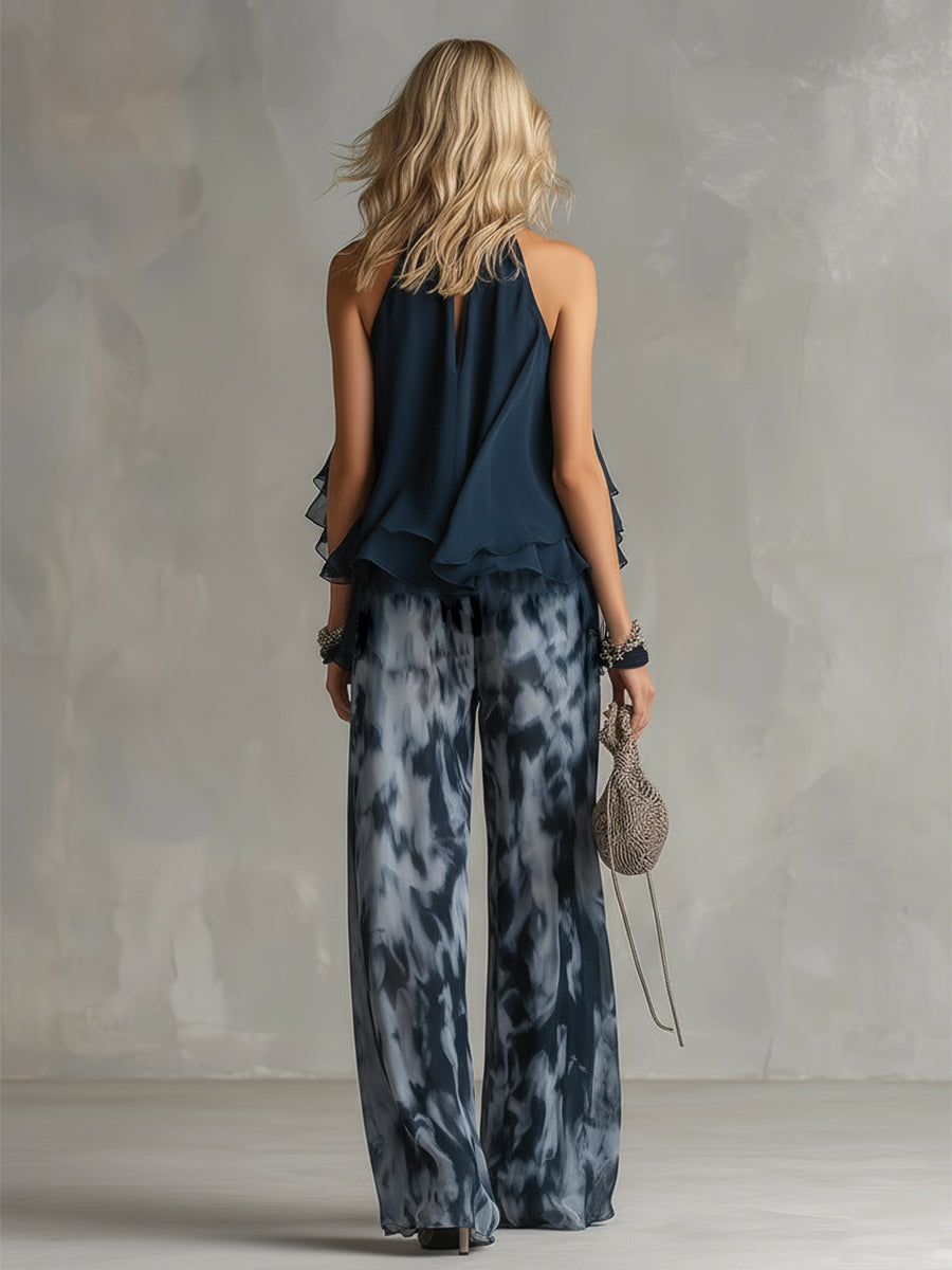 Candela - Elegante en Chiffon con Top de Cuello Alto y Pantalones Anchos Estampados
