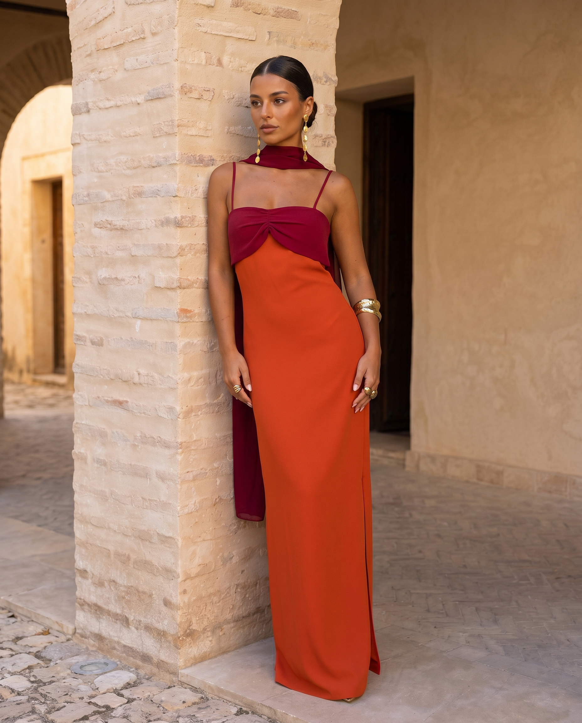 Zahara | Vestido en Naranja con Escote en Rojo