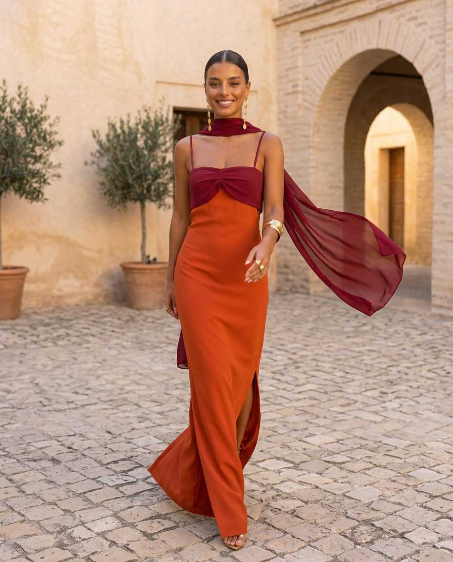 Zahara | Vestido en Naranja con Escote en Rojo